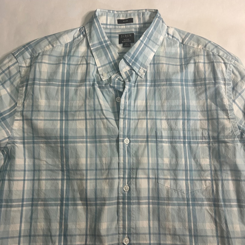 J.Crew Mens XL Slim Flex Washed Plaid Button Down Shirt Blue White